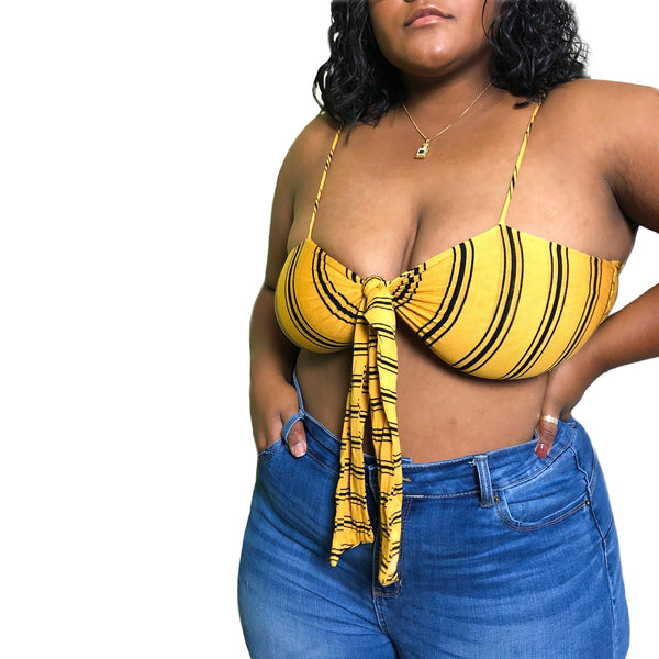 Necia Front Tie Striped Cropped Cami- Mustard