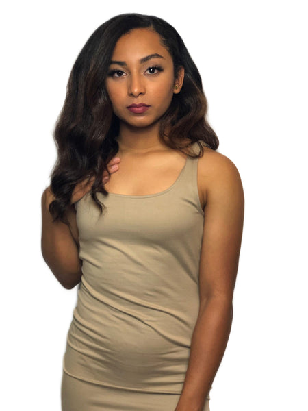 Cafetera Square Neck Mini Dress- Taupe