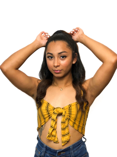 Necia Front Tie Striped Cropped Cami- Mustard