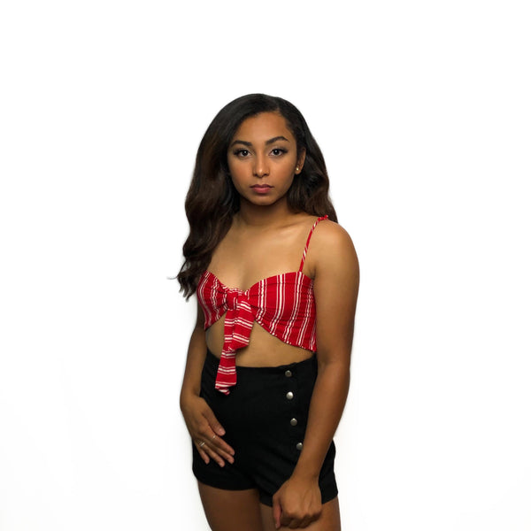 Necia Front Tie Striped Cropped Cami- Red